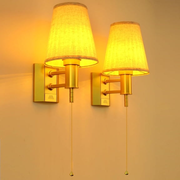 Battery Operated Wall Sconce Lights for Bedroom Set of 2, Wireless Rechargeable LED Wall Lamp with Remote & On/Off Pull Chain, Wall Mount Lighting Fixtures for Living Room, Satin Gold