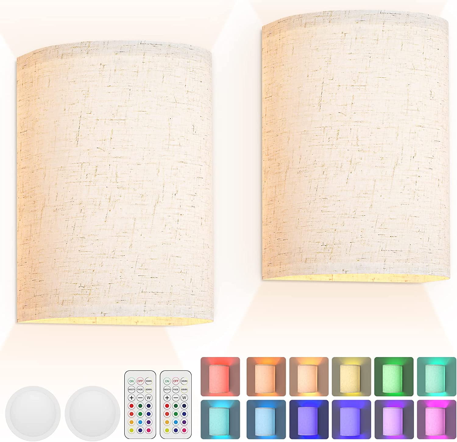 Lrlite Dimmable 2-Light LED Fabric Linen Shade Bedroom Battery Operated Wall Sconces (2 Count)