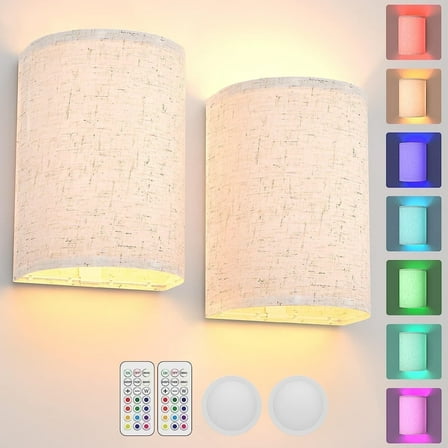 Battery Operated Wall Lights - 2 Pack Rustic Farmhouse Sconces with Remote Control, RGB Color Fabric Linen Shade Wall Decor [Energy Class E]