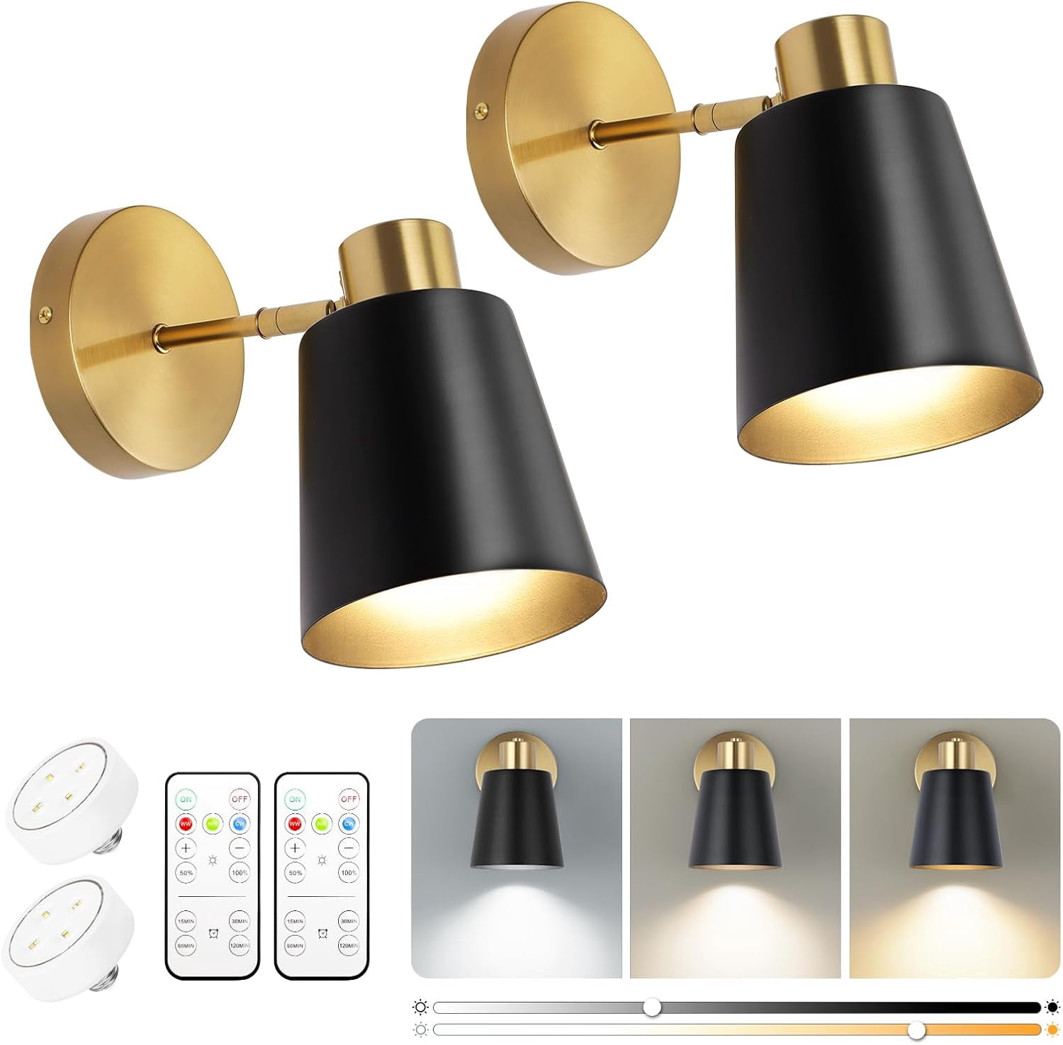 Battery Operated Wall Sconce, Modern Wireless Sconces Set of 2, Cordless Wall Decor Battery ...