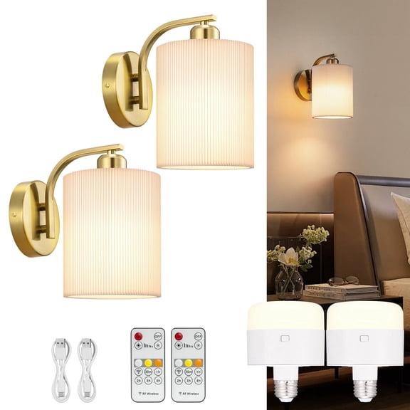 Battery Operated Wall Sconces Set of Two,Rechargeable Battery Operated Wall Lights with Remote, Fabric Dimmable Gold Wall Lamp for Bedroom Living Room, Easy to Install