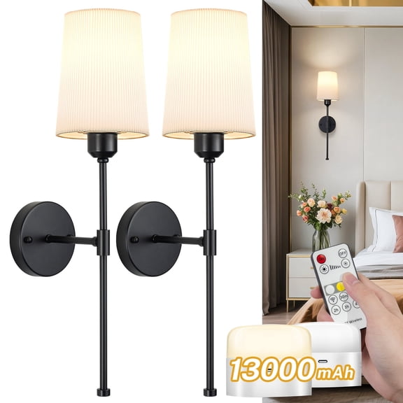 Battery Operated Wall Sconce, Pleated Lampshade Rechargeable Sconces with 13000mAh Bulb, Cordless Wall Sconces Set of 2, Battery Powered Wall Lamp/Lights for Bedroom, Gold