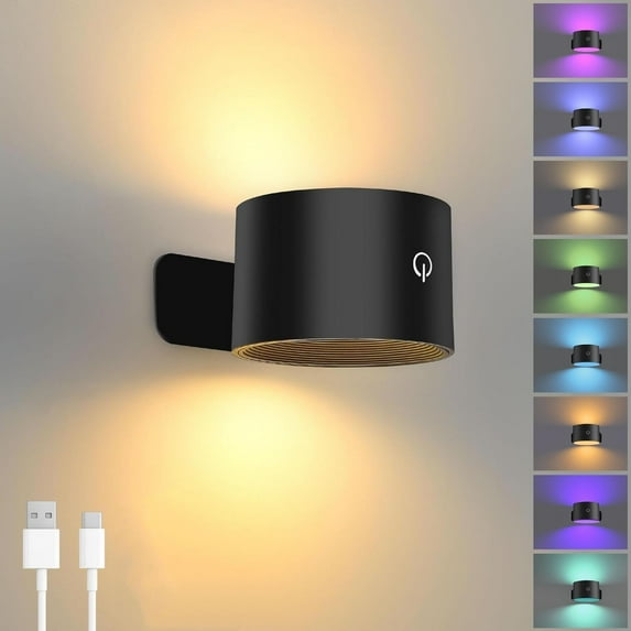 Battery Operated Wall Sconce with RGB Remote Control, 19 Colors Dimmable Rechargeable Wall Lights, Indoor Cordless Wall Lamp with Magnetic 360° Rotation for Bedroom Living Room(White)