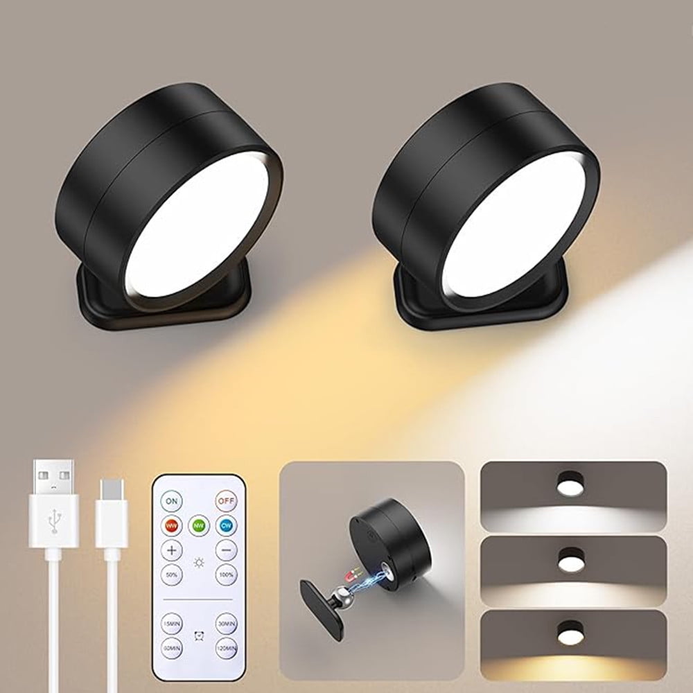 Battery Operated Wall Sconce, Rechargeable LED Wall Mounted Lights with Remote, Touch and 360 Rotate Dimmable, Magnetic Wall Sconce Lamp 3 Colors for Bedroom Bedside