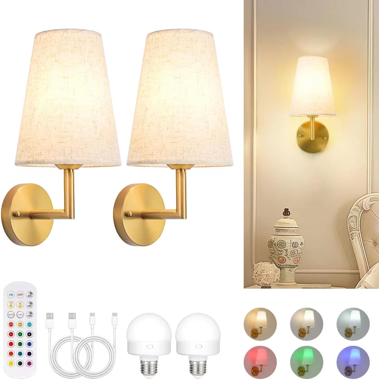 Battery Operated Wall Sconce Rechargeable Wall Lights Set of Two 2
