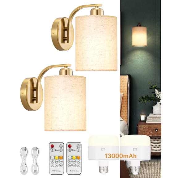 Battery Operated Wall Sconce, Rechargeable Sconces Set of 2 with 13000mAh Bulb, Cordless Wall Sconces with Remote, Battery Powered Wall Lamp/Lights for Bedroom Living Room, Gold