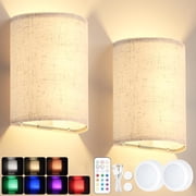 Battery Operated Wall Sconce, Rechargeable Wireless Wall Sconces Set of Two, Magnetic Wall Lamp with Remote RGB Colors for Bedroom Living Room Hallway, Fabric Linen Shade