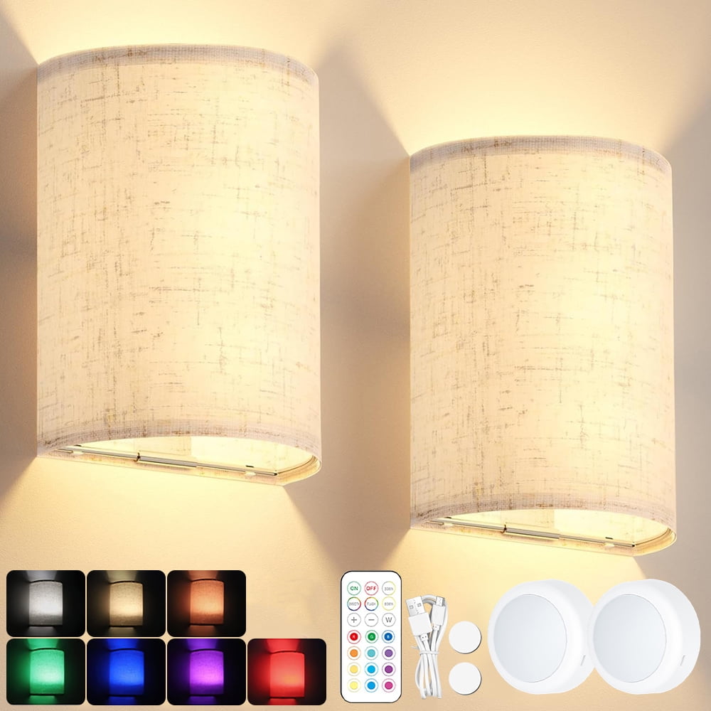 Battery Operated Wall Sconce, Rechargeable Wireless Wall Sconces Set of Two, Magnetic Wall Lamp with Remote RGB Colors for Bedroom Living Room Hallway, Fabric Linen Shade
