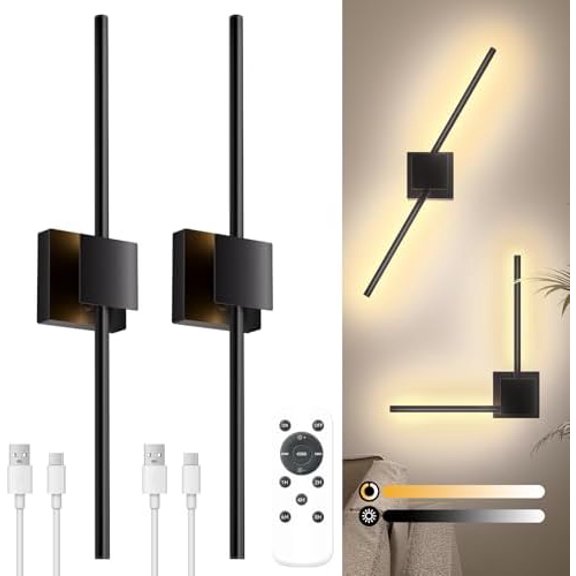 Battery Operated Wall Sconce with Remote Control, Dimmable Wall Sconces Set of Two with DIY Independently Rotatable Lamp, 3000K-6000K LED Wall Lights for Living Room, Bedroom, 28.3In, 2 Pack