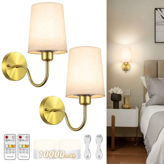 Battery Operated Wall Sconce Set of 2, 10000mAh Rechargeable Wall Sconces Battery Operated Light Dimmable Battery Powered Wall Lights with Gold Gooseneck for Bedroom, Living Room, Home Decor
