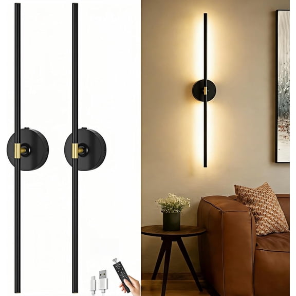 Battery Operated Wall Sconce Set of 2: 10000mAh Wireless Sconces Rechargeable Wall Lights with Touch and Remote, 360 Rotate Cordless Wall Lamp for Bedroom Living Room Hallway, 31.5 Inch, Black