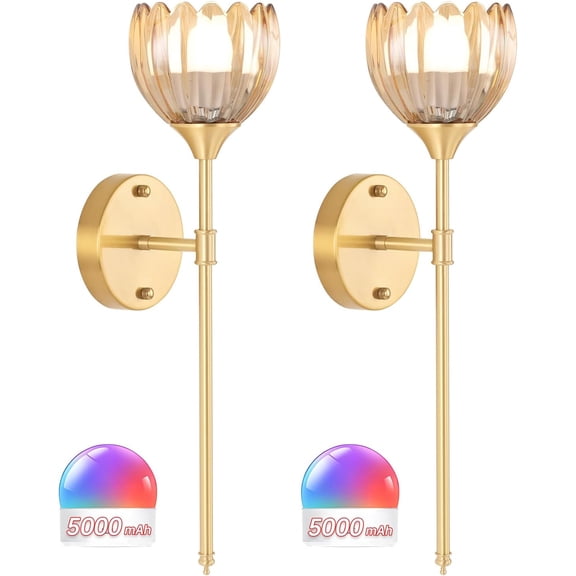 Battery Operated Wall Sconce Set of 2, Amber Tulip Vintage Wall Light Fixture Rechargeable 5000mAh Battery Powered Wall Lamp with Remote for Living Room Bathroom