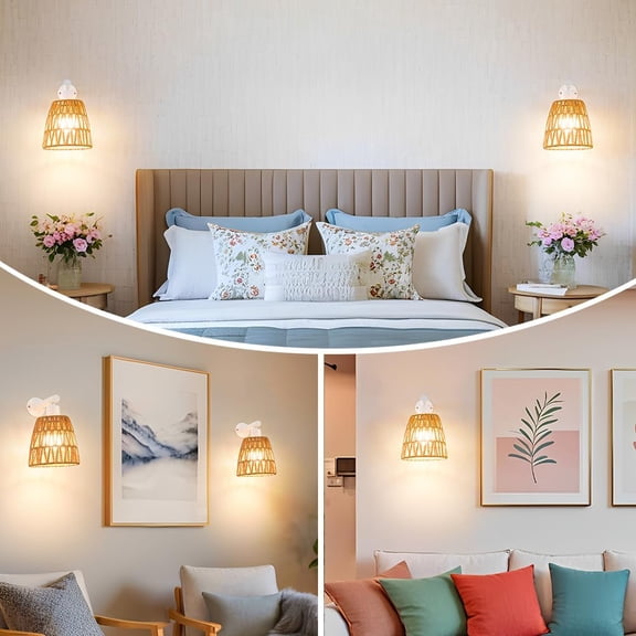 Battery Operated Wall Sconce Set of 2, Boho USB Rechargeable Wall lamp, White Farmhouse Rattan Sconce Lighting with Remote, RGB 15 Colors Modes Rechargeable Wall Lights for Bedroom Livingroom Hallway