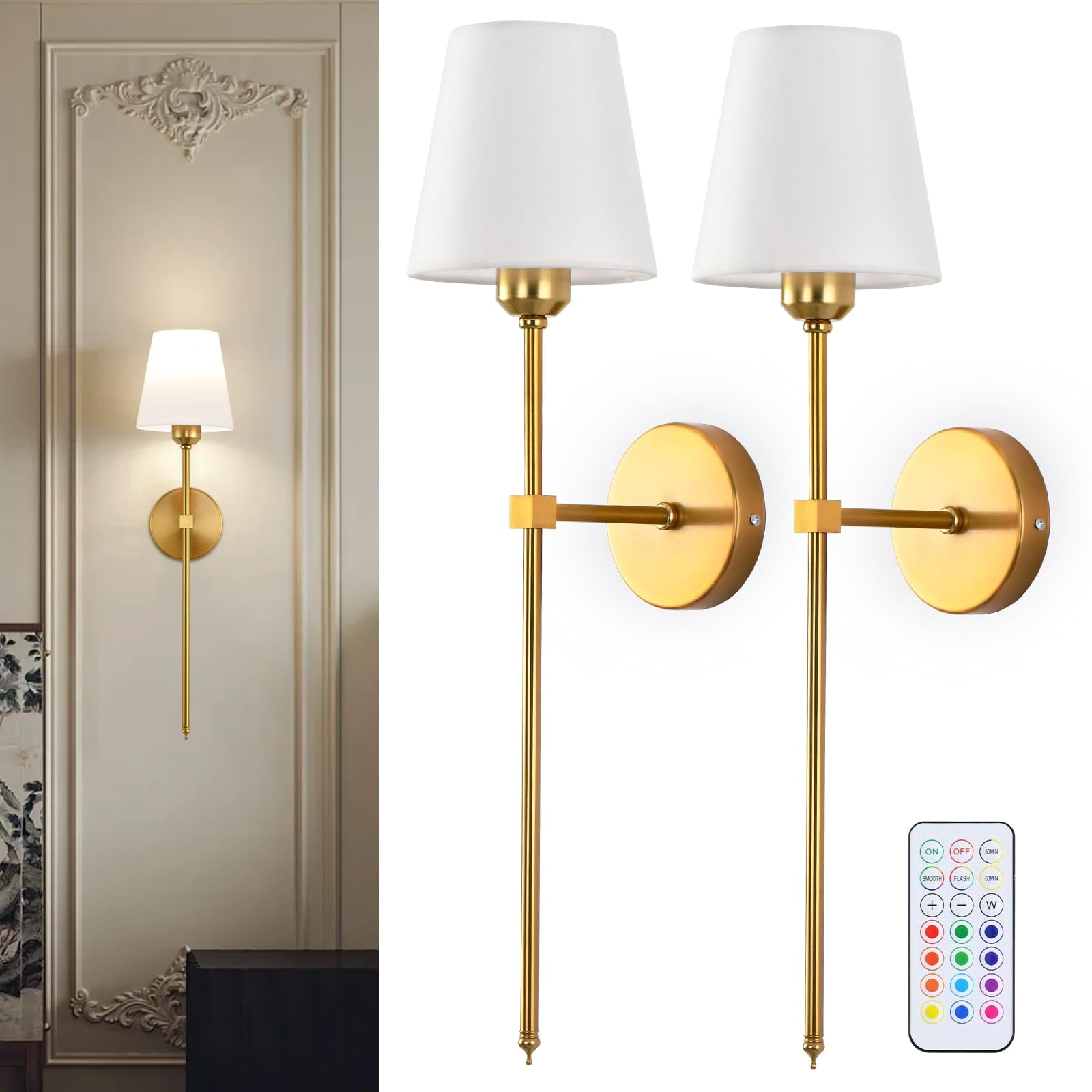 Battery Operated Wall Sconce Set of 2, Gold Rechargeable Wall Sconce