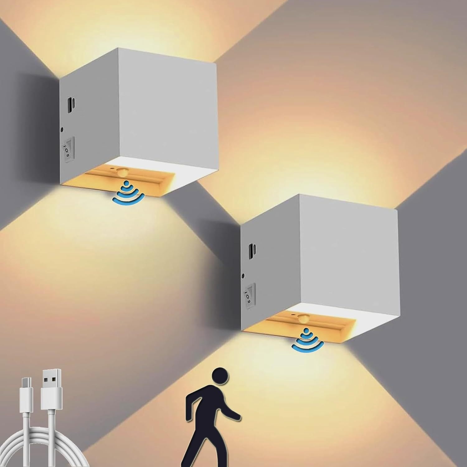Battery Operated Wall Sconce Set of 2 Motion Sensor Rechargeable Wall ...