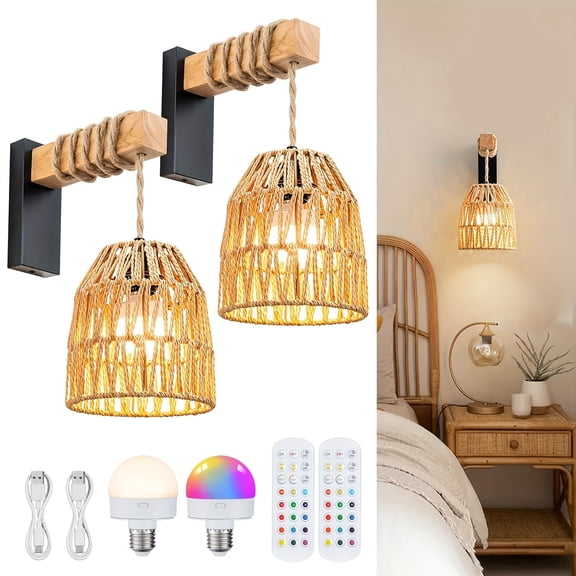 Battery Operated Wall Sconce Set of 2, Rattan Woven Lantern with Remote, Rechargeable Wireless Boho Farmhouse Wall Light for Bedroom Living Room Entryway