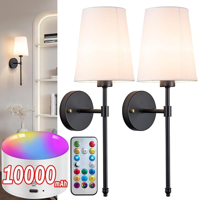 Rechargeable Battery Wall Sconce Set Of 2 - Dimmable Wireless LED Lights With Remote For Bedroom, Living Room