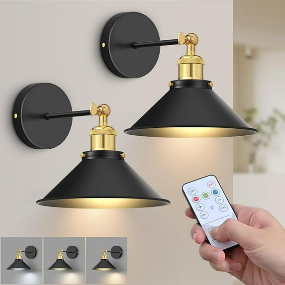 Battery Operated Wall Sconce Set of 2,Vintage Wireless Wall Sconces with Remote,Dimmable Led Wall Lights,Wall Lamp Fixture Indoor Bedroom Living Room Kitchen,LED Bulbs Included,Black