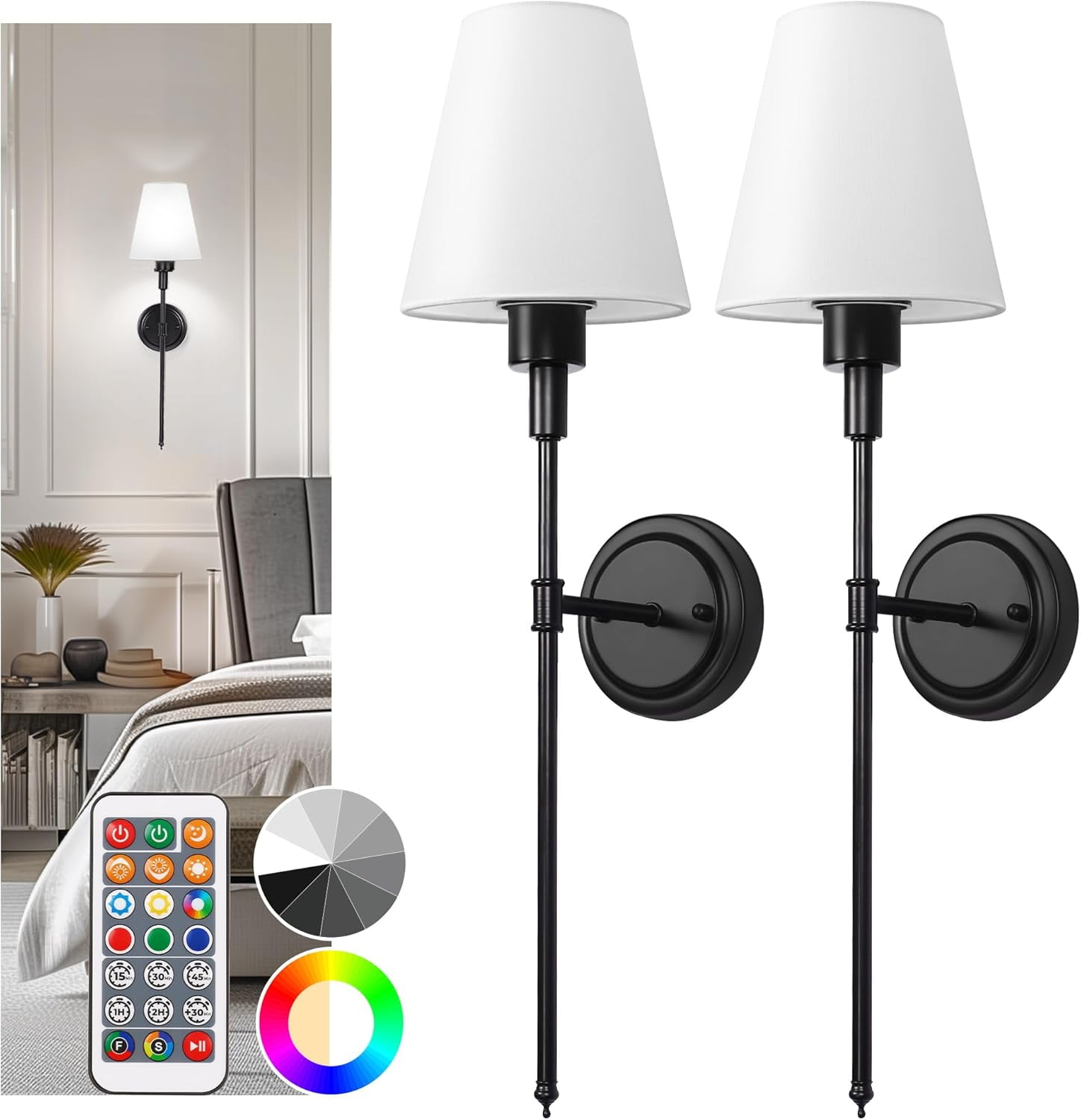 Battery Operated Wall Sconce Set of Two, Balck Wall Sconces with ...