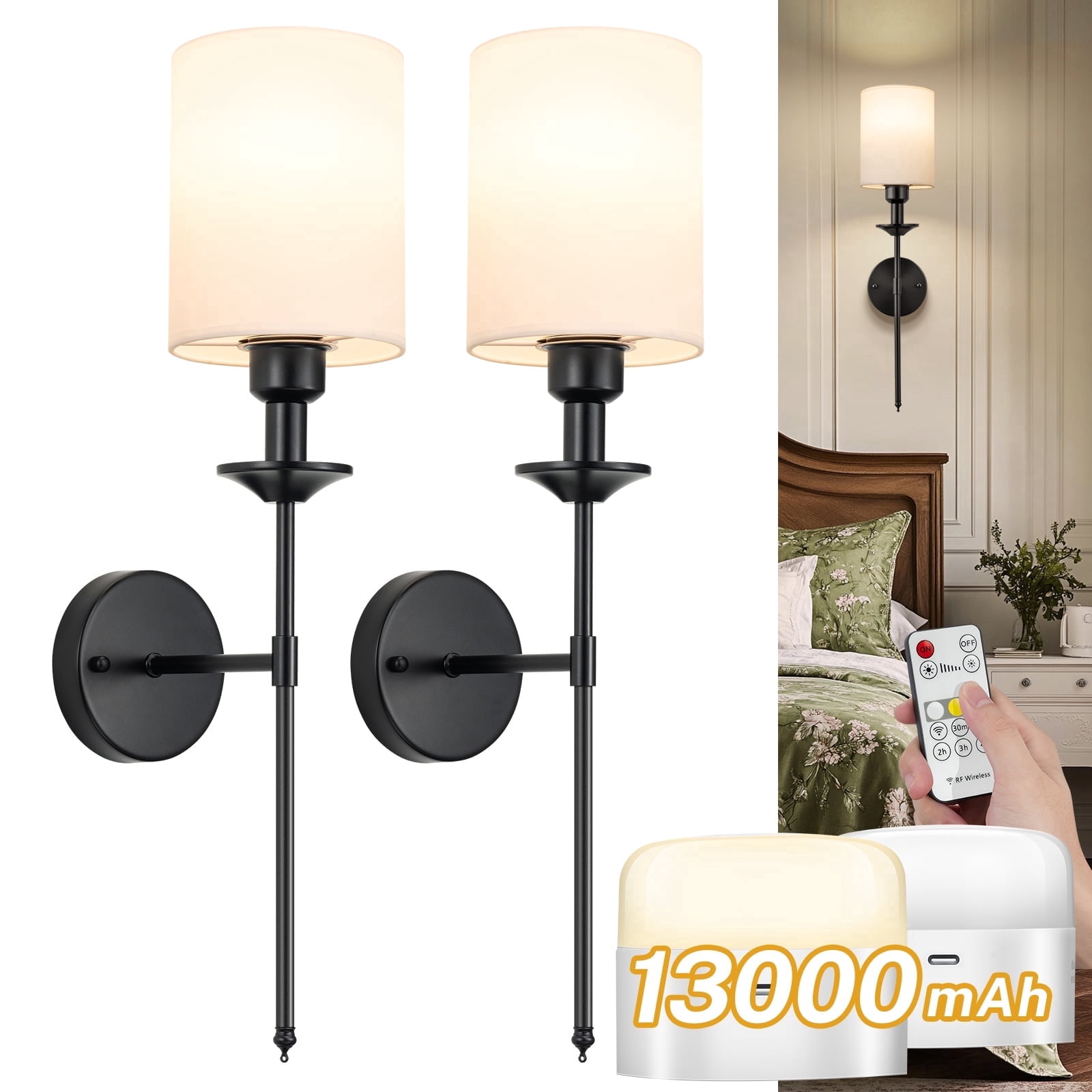 Battery Operated Wall Sconce Set of Two, Dimmable Wireless LED Wall Lighting Fixture with Remote, 13000mAh Modern Wall Lights with Fabric Linen Shade for Indoor Bedroom, Living Room, Hallway