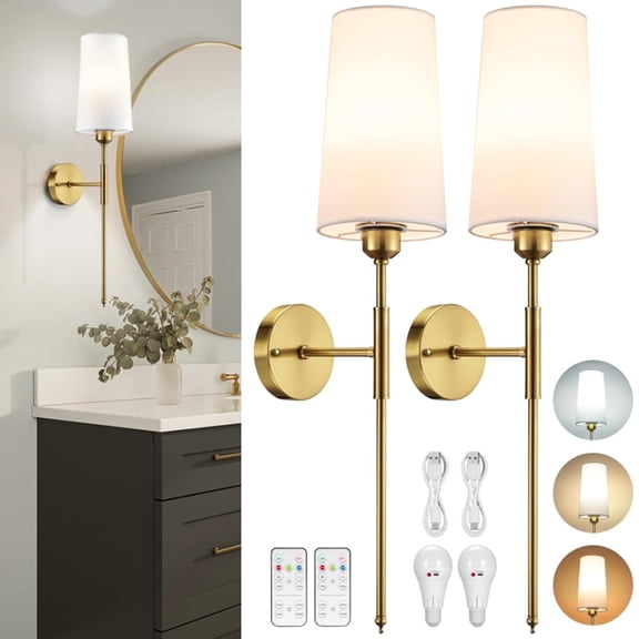 Battery Operated Wall Sconce Set of Two, Dimmable Wireless LED Wall Lighting Fixture with Remote, Modern Wall Lights with Fabric Linen Shade for Indoor Bedroom, Living Room, Hallway