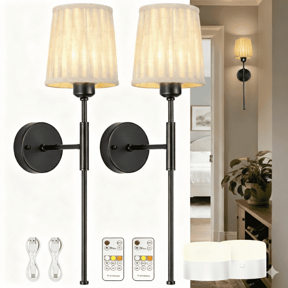 Battery Operated Wall Sconce Set of Two, Dimmable Wireless LED Wall Lighting Fixture with Remote, Modern Wall Lights with Fabric Linen Shade for Indoor Bedroom, Living Room, Hallway