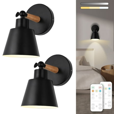 Battery Operated Wall Sconce Set of Two, Easy to Install Wireless Lights for Wall,Remote Control Dimmable LED Lights, Auto Timer Black Wall Lamp Fixtures for Bedroom, Gallery, Living Room, RV