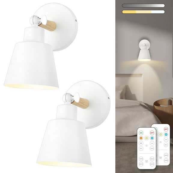 Battery Operated Wall Sconce Set of Two, Easy to Install Wireless Lights for Wall,Remote Control Dimmable LED Lights, Auto Timer White Wall Lamp Fixtures for Bedroom, Gallery, Living Room, RV