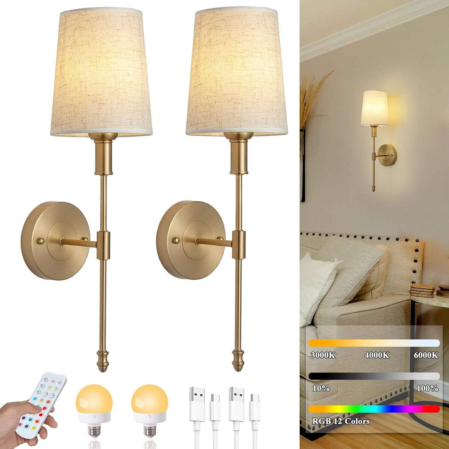 Gold Battery Operated Dimmable LED Wall Sconce Set
