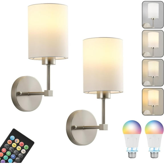 Battery Operated Wall Sconce Set of Two,Wireless Rechargeable Wall Light With Remote Control, Dimmable, 1800K/3000K/4000K/6000K/RGB, Timer, for Living Room, Bedroom, Fireplace, TV, 13.5 Inch, Nickel