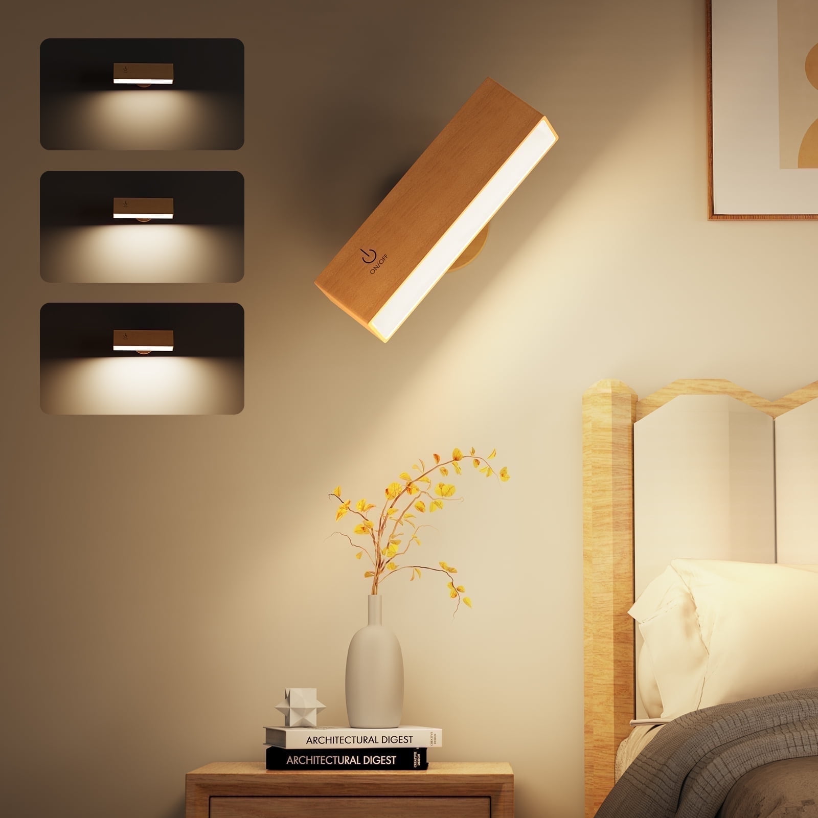 Battery Operated Wall Sconce,Wireless Rechargeable Wall Sconce,Wall Mounted Reading Light,Dimmable Magnetic Wall Mounted Lamp,LED Wall Lights Rotatable for Bedroom,Living Room(1 Pack)