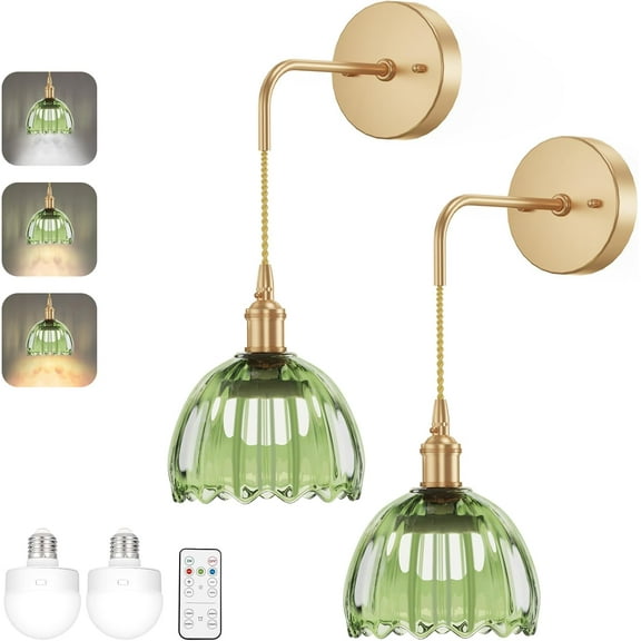 Battery Operated Wall Sconces CCT & RGB Dimmable Wireless Sconces Set of 2, Vintage Light Fixture with Green Tulip Glass Lampshade Wall Decor Set of 2 for Living Room Bedroom Bedside Bathroom