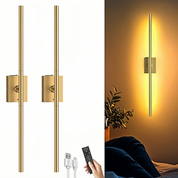 Battery Operated Wall Sconces Set of 2: 10000mAh Rechargeable Wall Lights with Remote Control, 360 ° Rotate Wireless Wall Scone Decor for TV/Mirror Bedroom Living Room, 31.5 Inch, Black