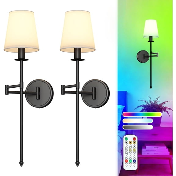 Battery Operated Wall Sconces Set of 2, 24.8" Wireless LED Light with Remote, 9000mAh Rechargeable, RGB & 9CCT Stepless Dimmable, Modern Black Cordless Lamp for Bedroom Living Room