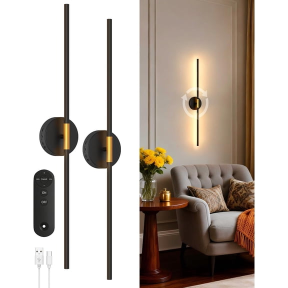 Battery Operated Wall Sconces Set of 2, 360 Rotatable Wall Sconce with Remote, 3000K Dimmable Magnetic Mount Wall Sconces, Rechargeable 28.3inch Wall Lights for Bedroom, Living Room, Dinning Room