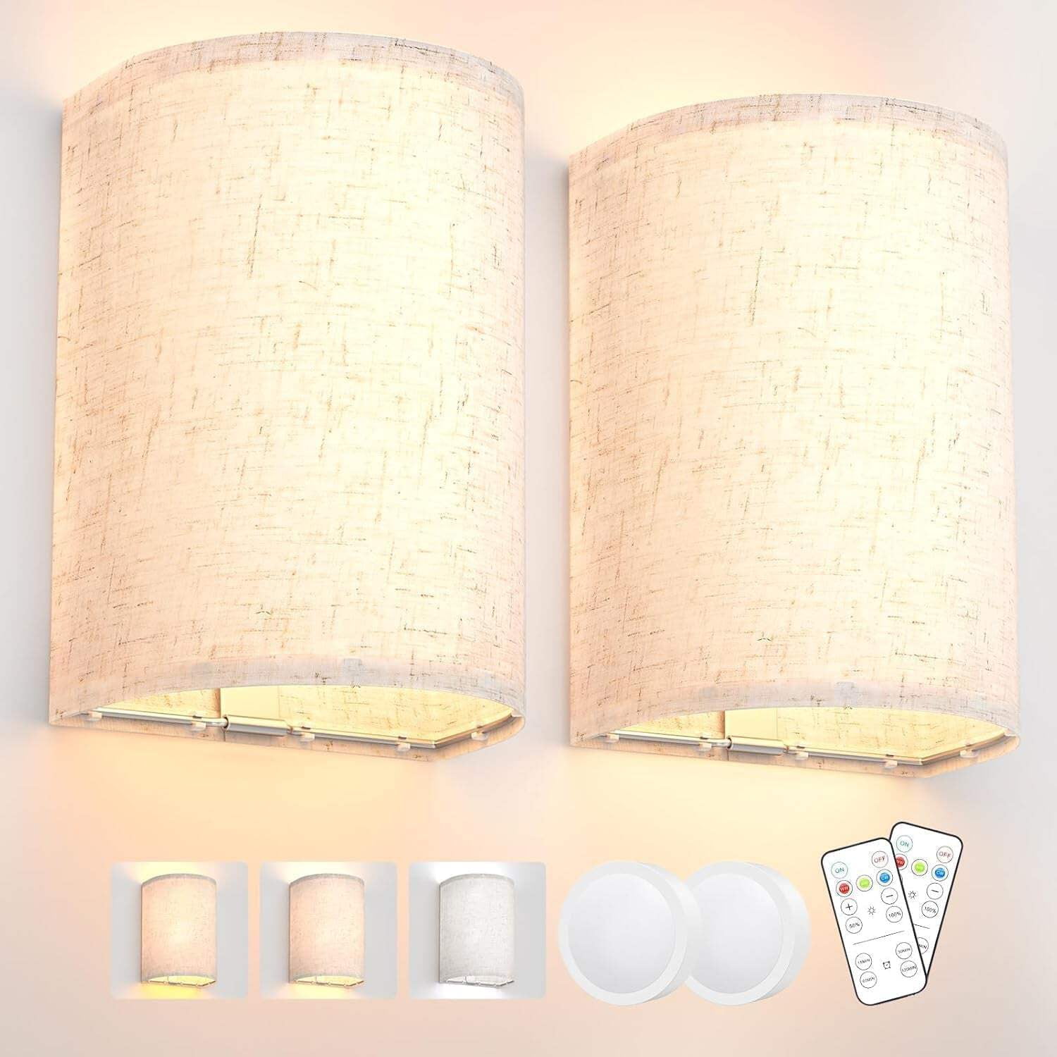 Beige Fabric Battery Operated Dimmable Wall Sconce Set