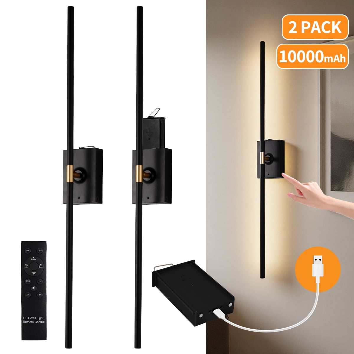 Battery Operated Wall Sconces Set of 2, Detachable Wireless Wall Lamps 360 ° Rotate, 10000mAh Rechargeable Wall Lights for Bedroom, Living Room，3000-6500K Dimmable, 32 Inch Black and Gold