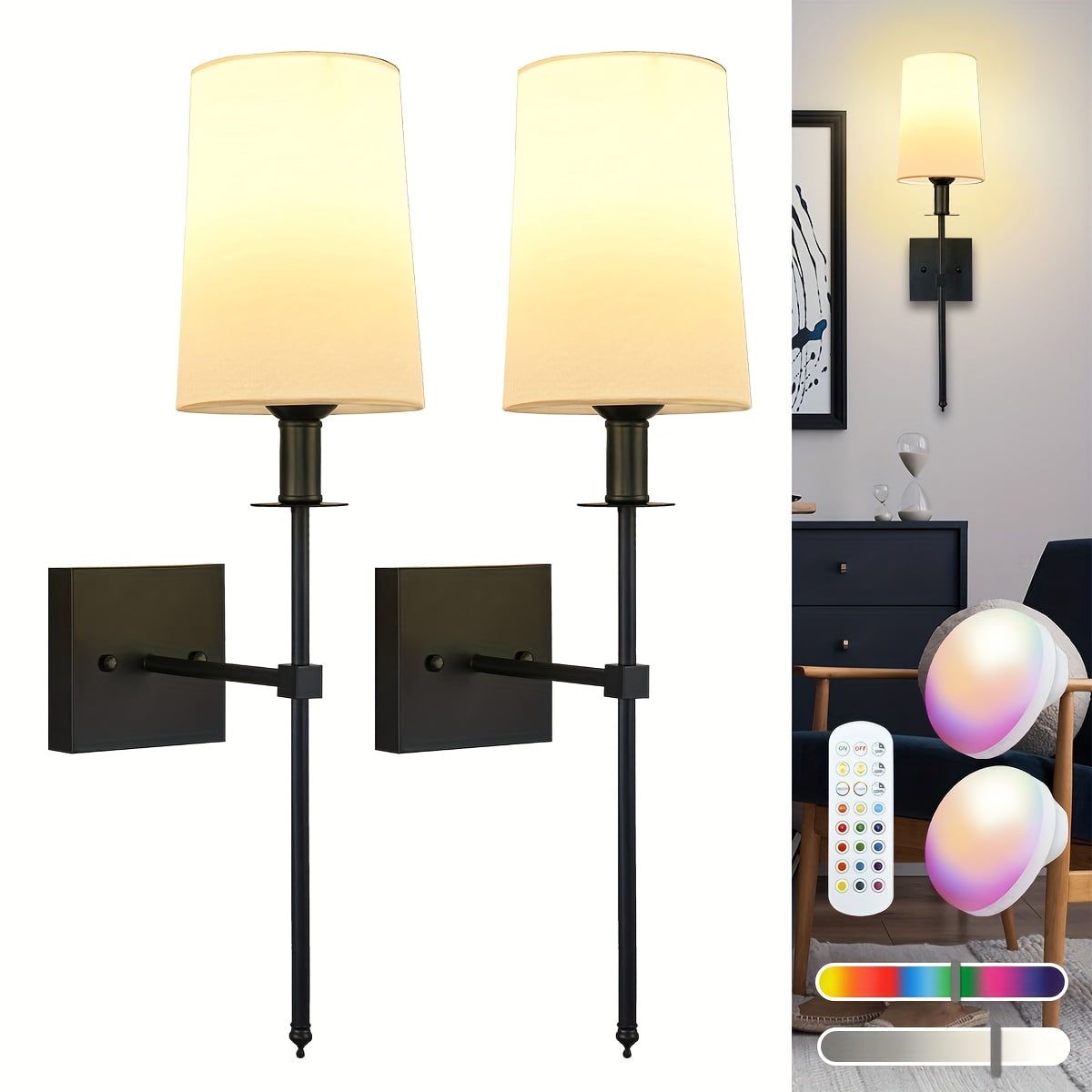Battery Operated Wall Sconces Set Of 2, Fabric Shade Metal Wall Lamp ...