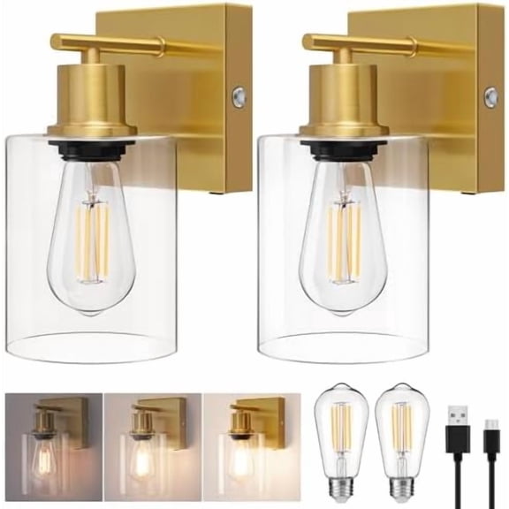 Battery Operated Wall Sconces Set of 2, Modern Brushed Brass Dimmable Wireless Rechargeable Wall Light for Bedroom, Vanity Light Fixture for Living Room Bathroom, Bulbs Included