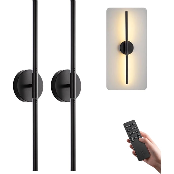 Battery Operated Wall Sconces Set of 2, Modern Wireless Wall Lights with Remote & Touch Control, 24 Inch Black Dimmable Rechargeable LED Sconce with 3 Colors & Timer for Bedroom, Living Room, Hallway