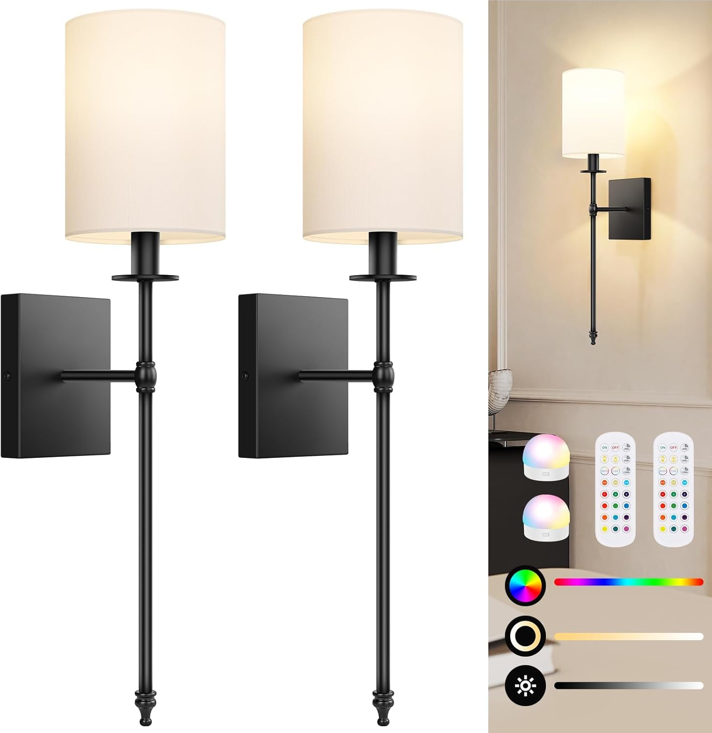 Battery Operated Wall Sconces Set of 2 with Remote Control, Black Indoor Not Hardwired Dimmable