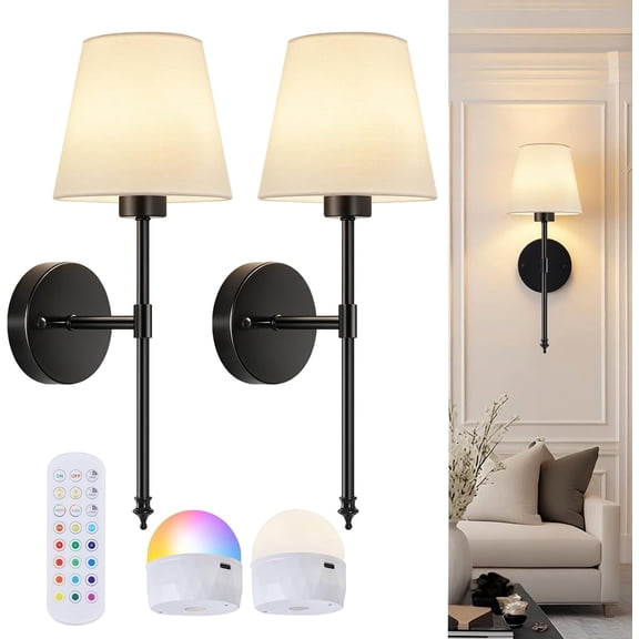 Battery Operated Wall Sconces Set of 2, Wireless Battery Wall Light | with 5200mAh Dimmable Bulbs with Remote,RGB15 Colors Wireless Wall Lamps for Bedroom Living Room Hallway Decor-Brass Black