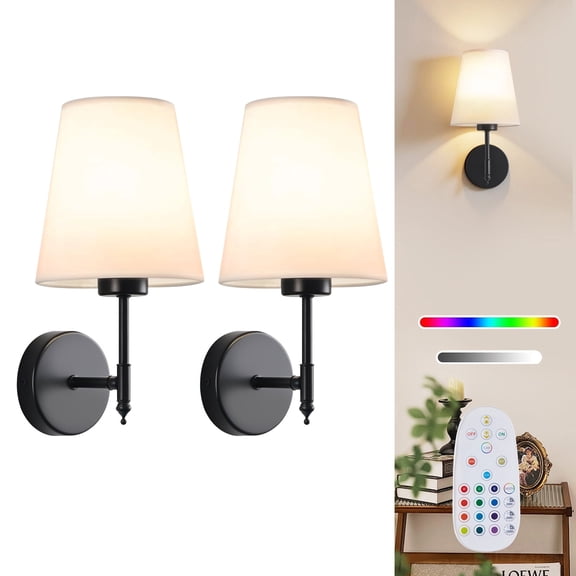 Battery Operated Wall Sconces Set of 2, Wireless Rechargeable Wall Lights with 15 Colors RGB Dimmable Magnetic Bulb & Remote Control, Indoor Sconce Wall Decor for Bedroom Living Room Hallway