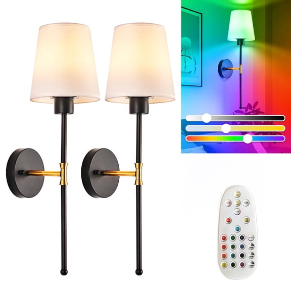 Battery Operated Wall Sconces, Set of 2 - Wireless Remote Control, 15 Colors & Dimmable, Rechargeable LED Wall Lights for Bedroom, Living Room, Hallway Decor, in Gold & Black