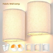 Battery Operated Wall Sconces Set of Two ，Rechargeable Wall Lamp with Remote, Dimmable Fabric Lamps in 3 Colors, Timer Function for Bedroom & Living Room Decor