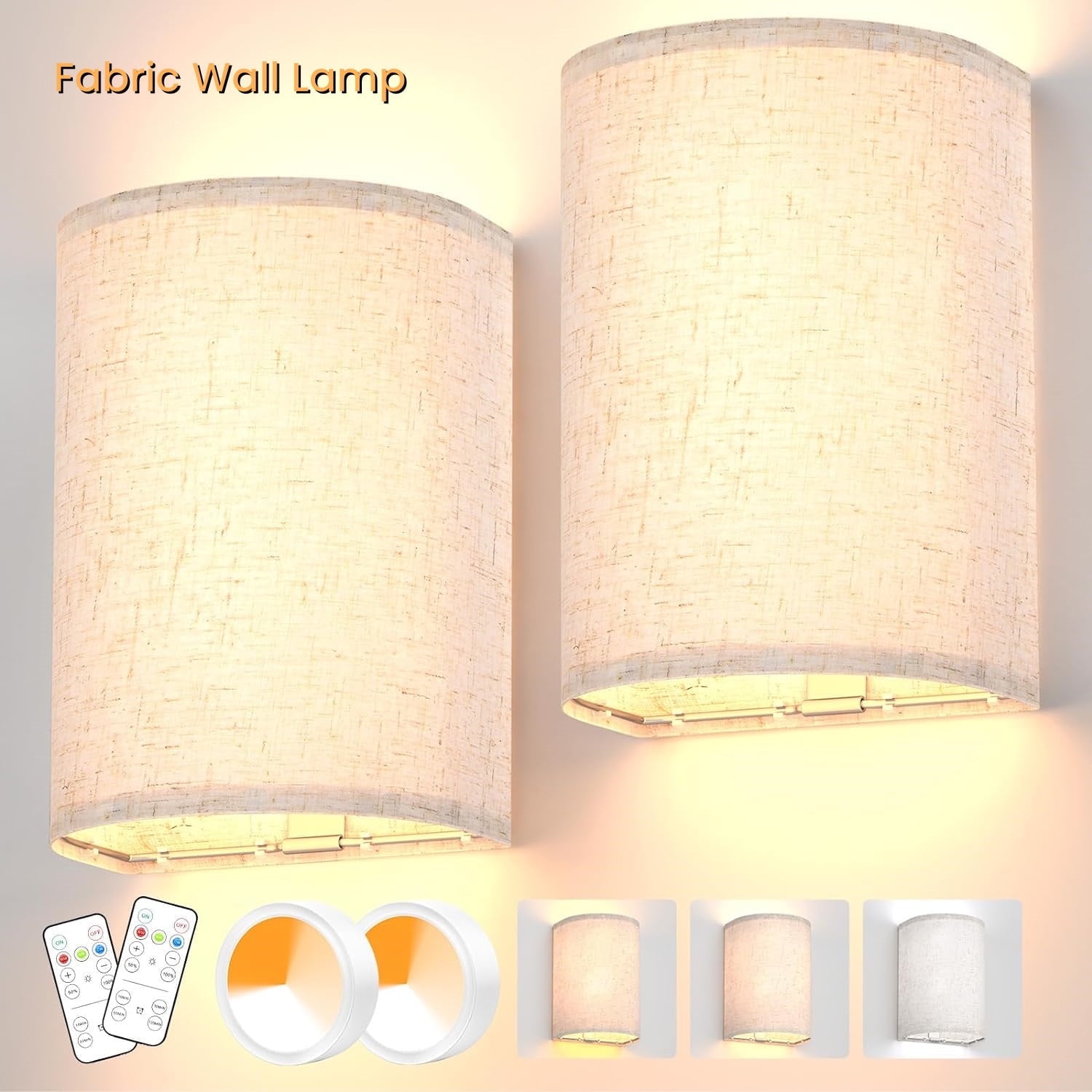 Aiboo Cordless Wall Sconces Set of 2, Dimmable Bedside Lamps with Remote, Timer Function for Bedroom & Living Room