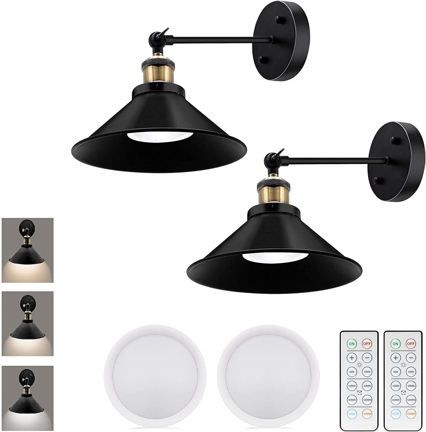 Battery Operated Black Wireless Wall Sconces with Remote Control (Set of 2 )- Flexible Wall Mounted Lights for Bedroom, Living Room, and Hallway