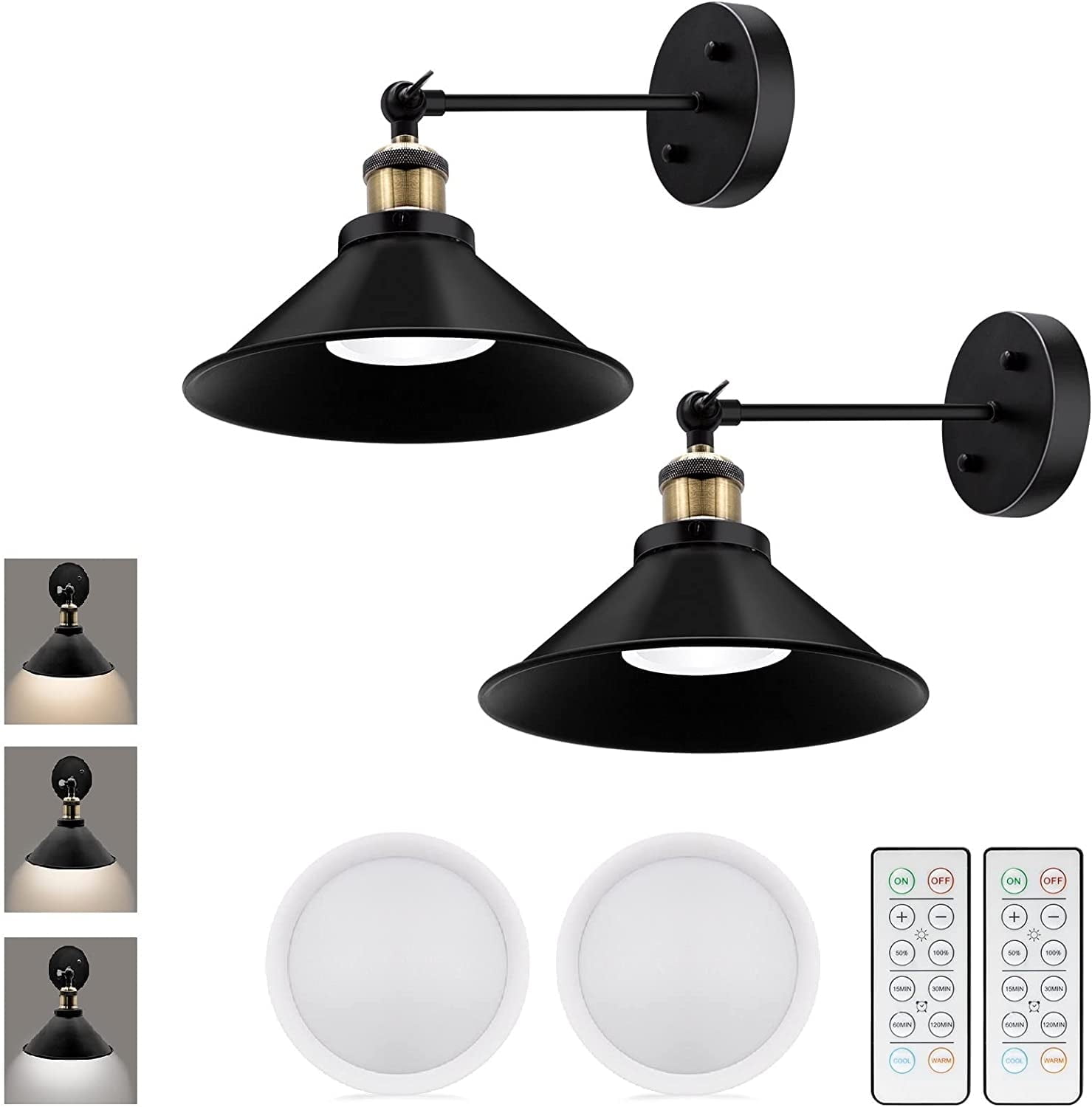Battery Operated Wall Sconces Set of Two, Industrial Sconces Wall Lighting  with Remote, Black Flexible Wall Lamps 240 Degree Rotatable Wall Light ..., image size:1479x1500