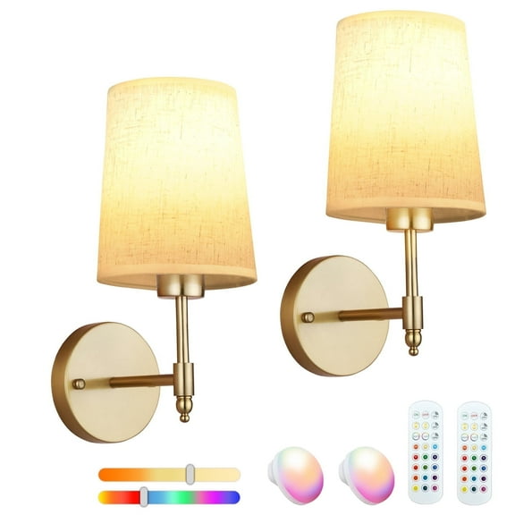 Battery Operated Wall Sconces Set of Two,Rechargeable Battery Operated Wall Lights with Remote, Fabric 13 RGB Dimmable Gold Wall Lamp for Bedroom Living Room, Easy to Install