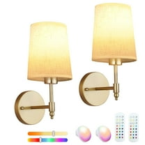 Battery Operated Wall Sconces Set of Two,Rechargeable Battery Operated Wall Lights with Remote, Fabric 13 RGB Dimmable Gold Wall Lamp for Bedroom Living Room, Easy to Install
